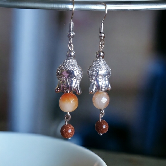 Faceted Carnelian & Goldstone Buddha Handcrafted Earrings - Picture 7 of 8